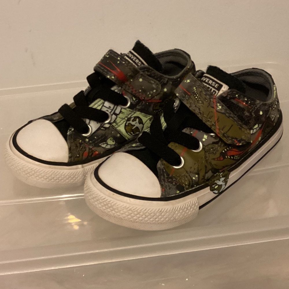 Converse Kids Olive Green Black White Dinosaur Sneakers